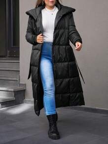 RueChic Plus Women's Belted Long Padded Jacket - Black - View 4