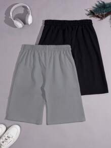 SHEIN Cottnline Cotton 2pcs Men's Simple Embroidered Horse Drawstring Waist Casual Shorts Set - Grey - View 2