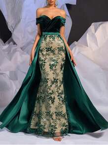 SHEIN Belle 优雅橄榄绿色拼接露肩褶皱高腰开衩下摆串珠网眼覆盖及地长裙，适合约会、聚会、婚礼和活动 - 墨綠色 - 查看 5