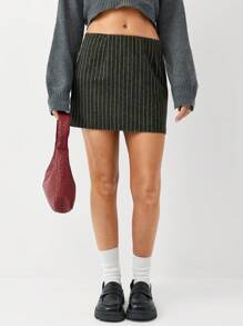 SHEIN Unity 1 件女士条纹低腰迷你裙，时尚办公室女士 Siren 黑灰色条纹裙，适合秋冬季 - 灰色 - 查看 1