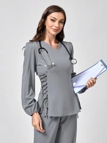 TaskEZ V 领灯笼袖侧系带制服手术服上衣 - 灰色 - 查看 9