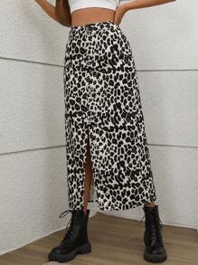 Chiquease Women Leopard Print High Slit Skirt, Casual Vacation - Apricot - View 5
