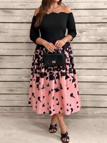 Plus Size Women Butterfly Print Arc Hem Off Shoulder 3/4 Sleeve Elegant Dress - Pink - View 4