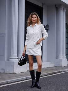 Chiquease 2 pièces Ensemble chemise polo à col français et mini-jupe plissée à motif quadrillé pour femmes, tenue de bureau et de trajet - Blanc - Voir 3