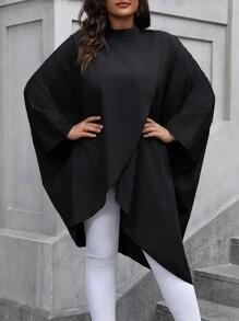 Flirla Blusa de manga larga informal con bajo asimétrico de unicolor para mujeres talla grande - Negro - Ver 8