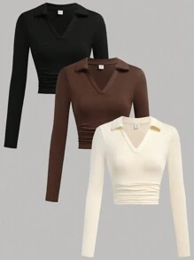 SHEIN Girlism Teen Girl 3 Piece Set Apricot, Brown, Black Crew Neck Ruched Waist Fitted Casual School Style Knit T-Shirts, Fall Top