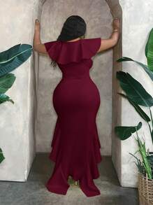 Slaydiva Váy dự tiệc sang trọng cỡ lớn có viền xếp nếp, viền bất đối xứng, thiết kế phía trước ngắn, phía sau dài - Màu Đỏ Sâu - Xem 2