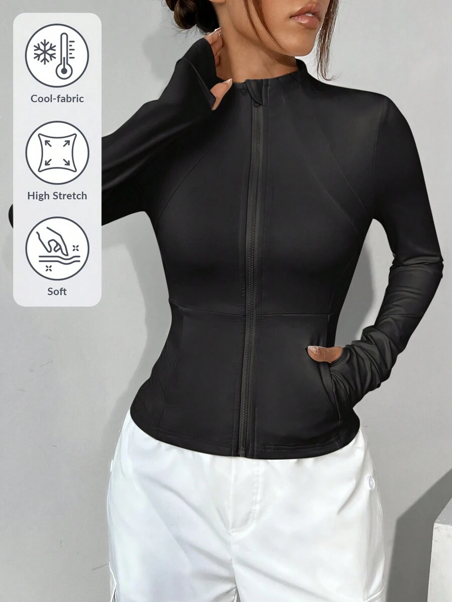 SHEIN EZwear 女士轻盈拉链运动夹克，适合秋冬季跑步、健身、瑜伽