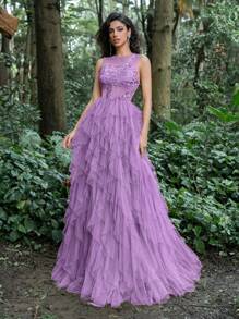 Faeriesty Luxus Spitzenbesatz Detail Mesh Überlagerung Abendkleid - Violett - Übersicht 1