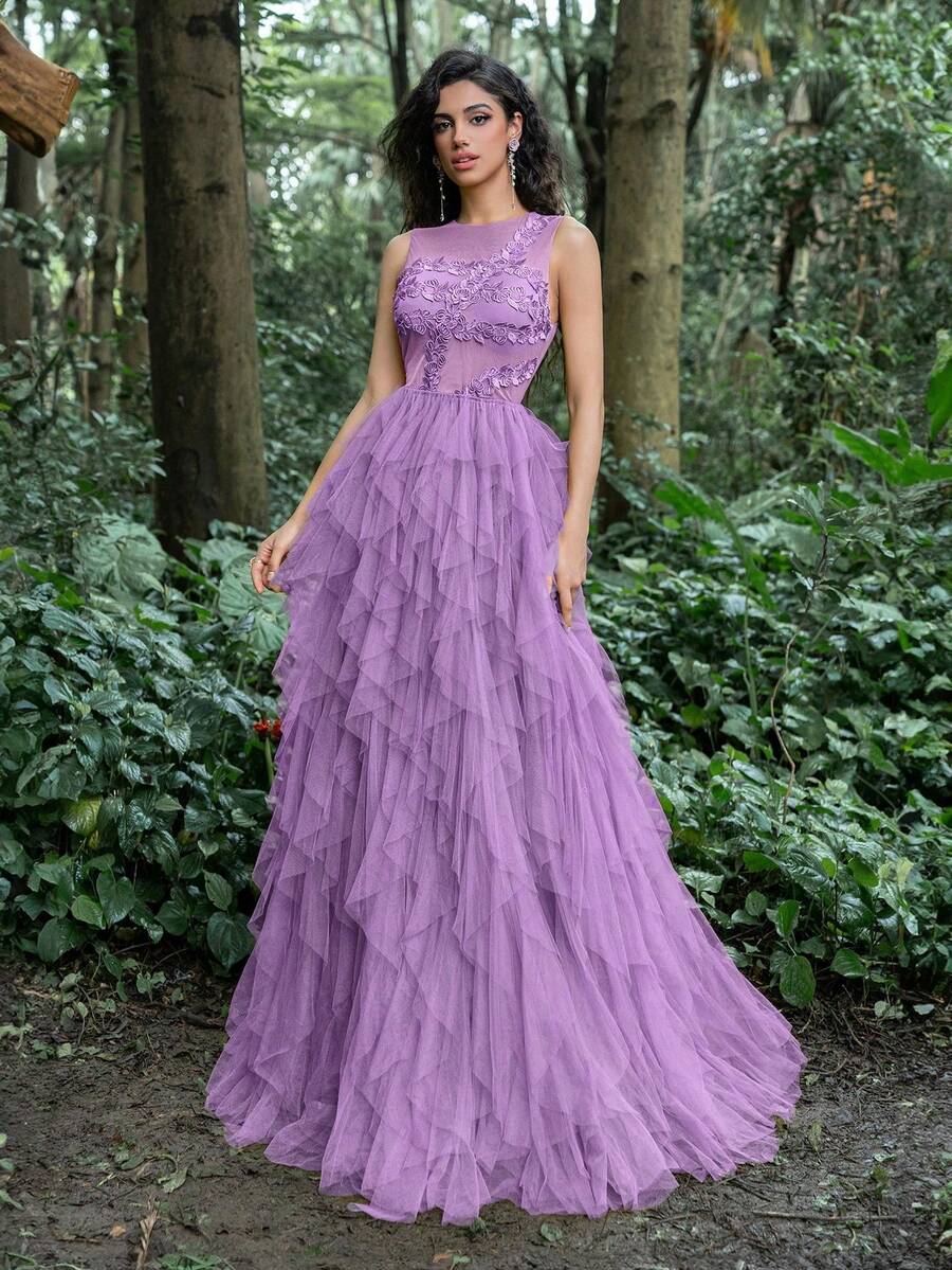 Faeriesty Luxus Spitzenbesatz Detail Mesh Überlagerung Abendkleid - Violett - Übersicht 1