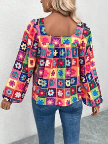 SHEIN LUNE 女式春夏花卉印花方领灯笼袖宽松衬衫 - 彩色 - 查看 2