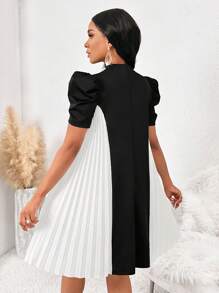SHEIN Lady Vestido de invitada de boda Elegante y estiloso para mujer, mono de manga abombada media longitud con puntos de malla negra y blanca y con aplicaciones de cuentas - Negro - Ver 2