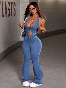 Jeanoix 女士性感镂空露背吊带牛仔连体裤，夏季