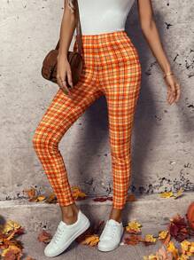 EMERY ROSE Halloween Pumpkin Plaid Pattern Women Long Pants - Orange - View 3