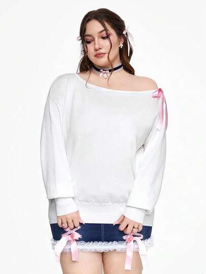 Kawaii Casual Bow-Tie Shoulder Plus Size Sweater