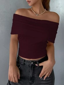 DAZY Women Casual Solid Off Shoulder Slim Fit Cropped Top Going Out Tops - Burgundy - View 3