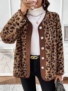 Chiquease Autumn/Winter Leopard Print Plush Regular Jacket - Khaki - View 1
