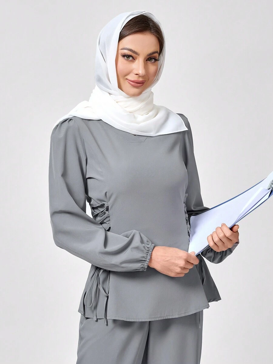 TaskEZ V 领灯笼袖侧系带制服手术服上衣 - 灰色 - 查看 1