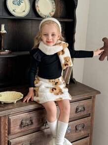 SHEIN LMoss Kids LMoss 2pcs Set: Knit Plain Round Neck Ruffle Trim Casual T-Shirt And Woven Fleece Skirt With Scarf For Young Girls
