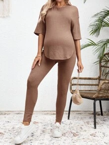 SHEIN 2pcs Maternity Solid Crew Neck Short Sleeve Top And Relaxed Pants Set - Khaki - View 4