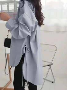 INAWLY 女士纯色不对称下摆休闲长袖衬衫 - 淺灰色 - 查看 3
