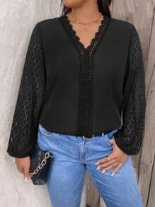 SHEIN Clasi Plus Contrast Kant Lantaarn Mouw Zwarte Blouse