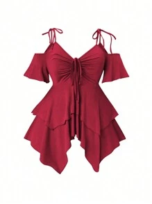 SHEIN Clasi 2pcs Plus Size Women Summer Solid Color Off Shoulder Short Sleeve Asymmetric Hem Top And Pants Set For New Year Clothes