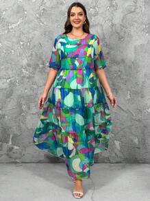 SHEIN LUNE 大码女式彩色印花圆领短袖连衣裙