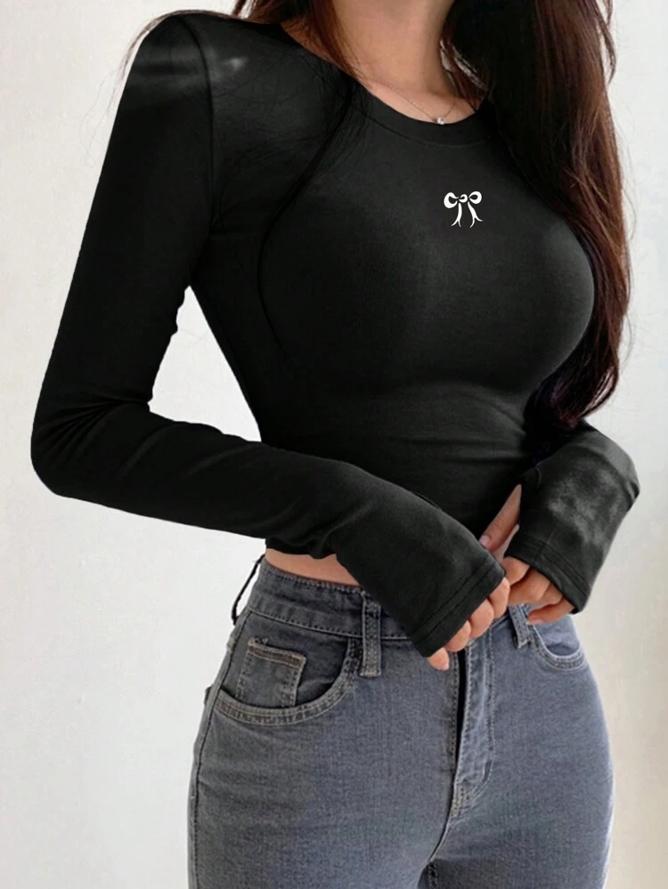 Women's Spring/Summer Butterfly Print Crew Neck Long Sleeve Fitted T-Shirt , Black Crop Top Long Sleeve