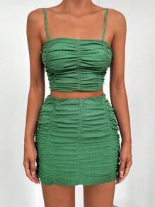 SHEIN PETITE Ruched Crop Cami Top & Bodycon Skirt - Dark Green - View 5