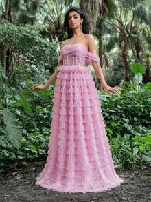 Faeriesty Schulterfrei Kaskade Rüschen Mesh Kleid