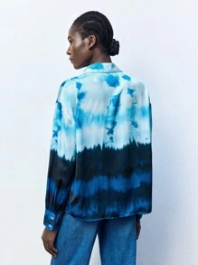 Maija 女式前扣长袖全花卉印花衬衫，休闲日常宽松衬衫 - 藍色 - 查看 5