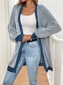 SHEIN LUNE Women Blue & White Casual Cardigan For Spring And Autumn Fall Cloth For Women - Blue and White - View 1