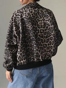 SHEIN EZwear 女士豹纹拉链休闲长袖外套（秋冬款） - 棕色 - 查看 2