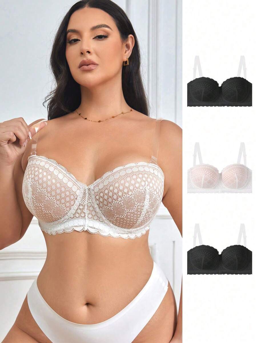 3件套大码蕾丝文胸带钢圈内衣 - 彩色 - 查看 1