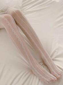 1 Pair Of Women's White Stockings Sweet Lace Lace Pantyhose Thin Section Of Three-Dimensional Vertical Stripes Pattern Tights - White - View 5