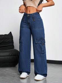 SHEIN EZwear Jeans rectos casuales sueltos de unicolor con bolsillos para mujer