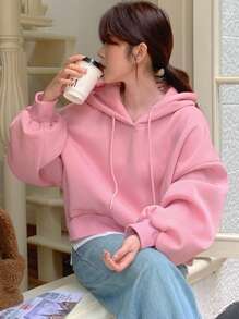 DAZY 女士纯色连帽运动衫 - 粉色 - 查看 3