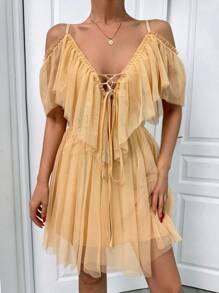 RueChic Mesh Fabric Detail Short Beige Tulle Dress