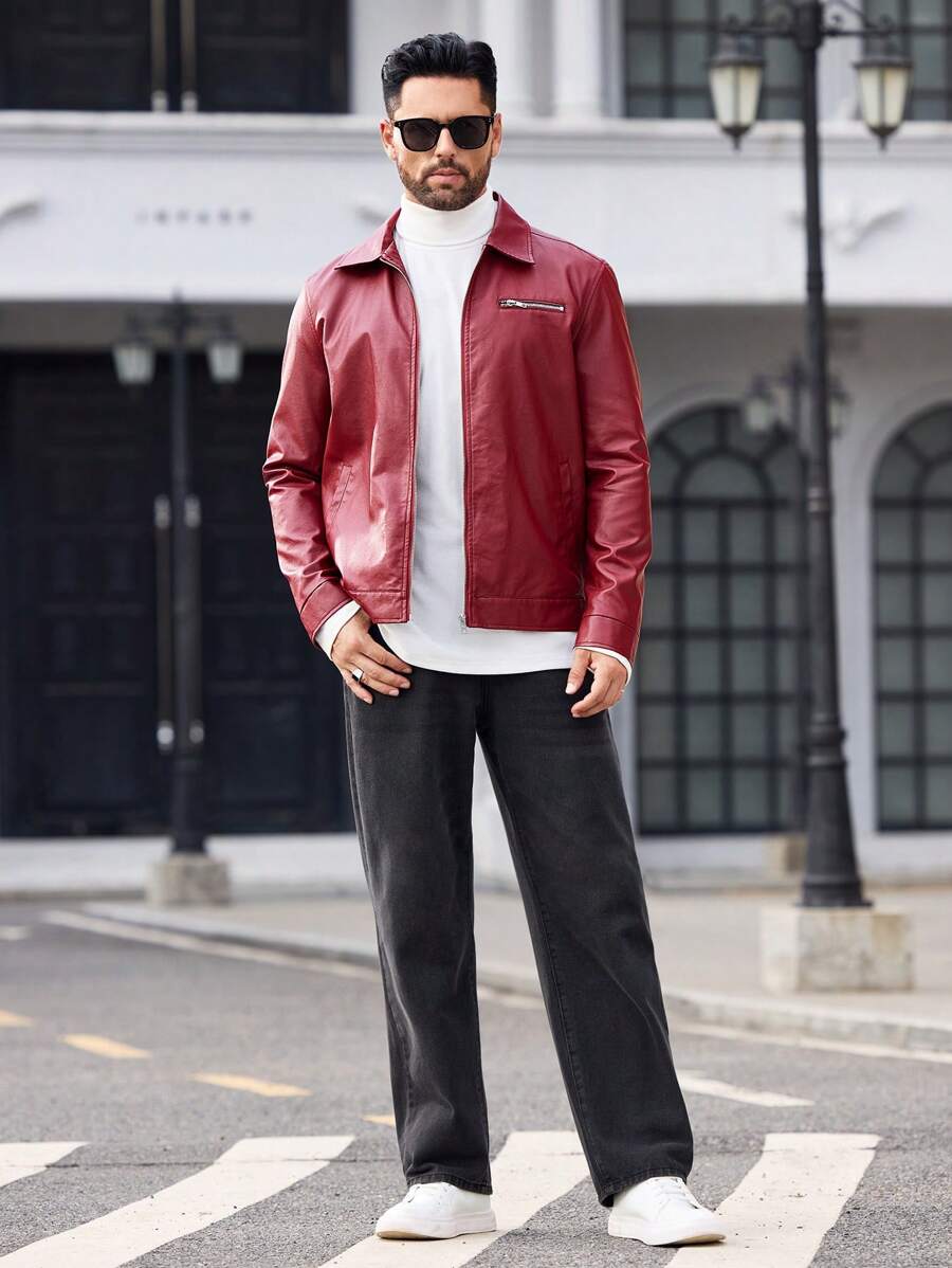 Manfinity Modomio Men's Tight Fit Stand Collar Zipper Motorcycle Jacket