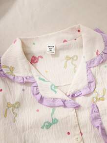 2 件套少女杏色人造丝蝴蝶结丝带印花长袖开衫和长裤休闲舒适睡衣度假旅行休闲夏装 - 杏色 - 查看 4