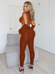 SHEIN SXY Women Co Ords Mesh Insert Mock Neck Crop Velvet Top & Leggings - Brown - View 2