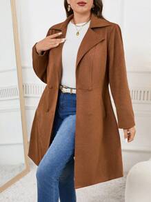 SHEIN Clasi Plus Size Women Solid Color Long Sleeve Lapel Casual Faux Suede Jacket, Winter Clothes