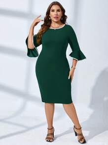 SHEIN Clasi 大码女式荷叶边喇叭袖紧身优雅连衣裙 - 墨綠色 - 查看 1