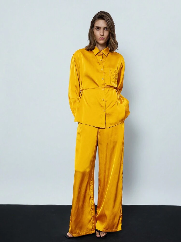 SHEIN Maija 2pcs/Set Women's Solid Front Button Long Sleeve Casual Blouse And Pants Set