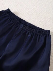 SHEIN 2 pièces/set Pyjama pour pré-adolescents garçons, cardigan à col châle bleu marine unicolore et pantalon, ignifuge, confortable