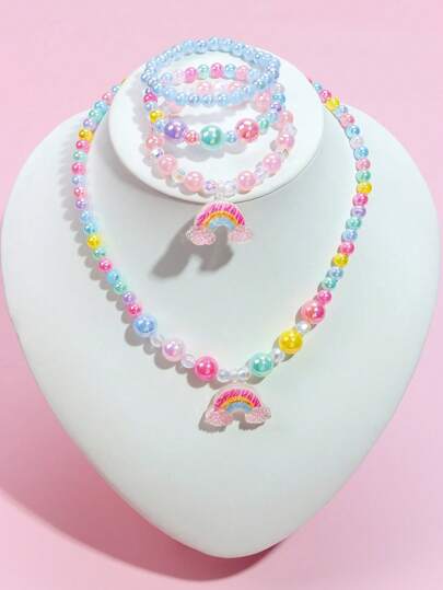 4pcs/Set Cute Rainbow Pendant Bracelet Colorful Beaded Necklace & Bracelet Jewelry Set For Girls, Suitable For Holiday Party Birthday Gift, Color Randomly Assorted