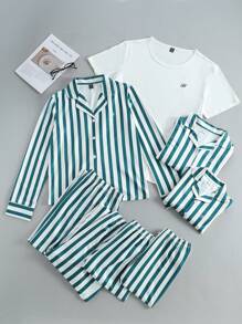 Women's Black And White Striped Simple Fashion Notch Collar Long Sleeve Top Matching Pants Casual Comfortable 2 Pieces Lounge Set - Multicolor - View 1