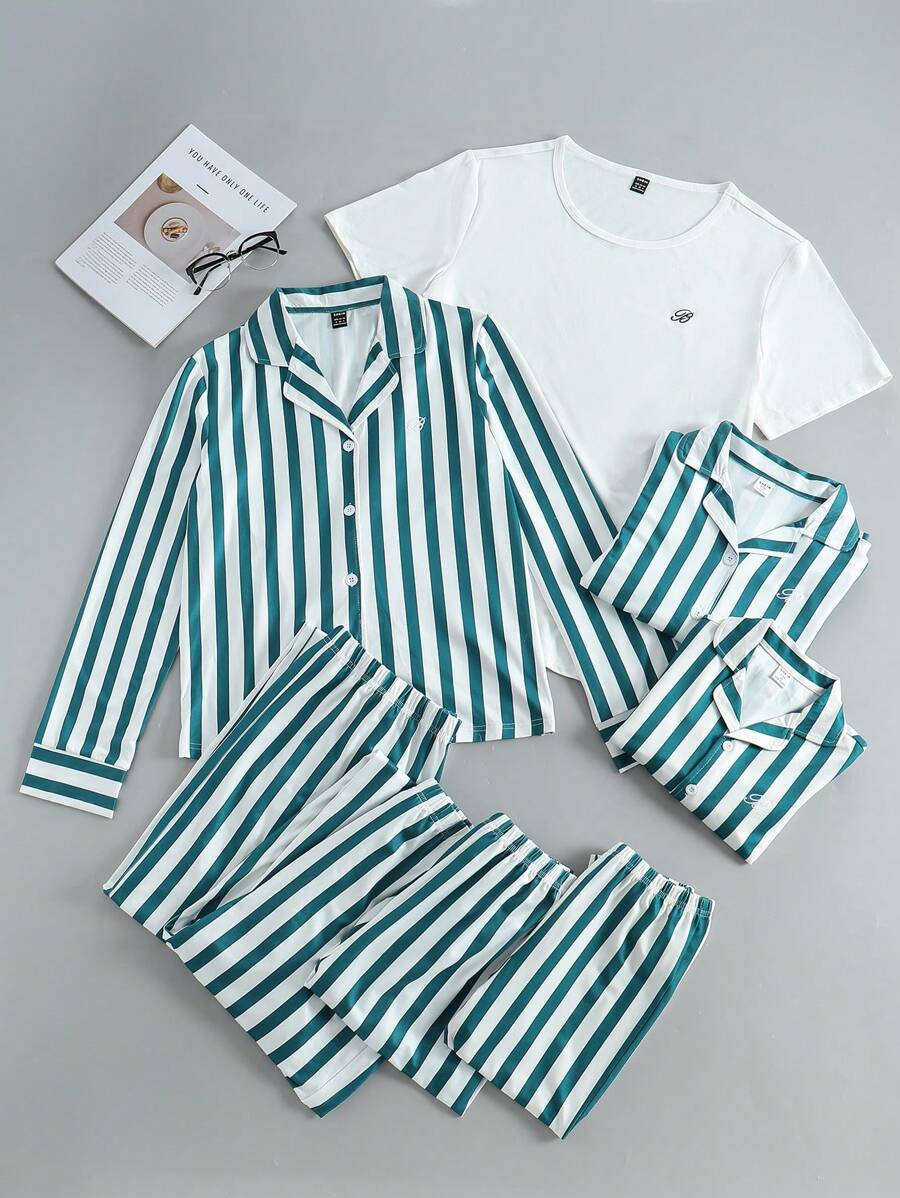 Women's Black And White Striped Simple Fashion Notch Collar Long Sleeve Top Matching Pants Casual Comfortable 2 Pieces Lounge Set - Multicolor - View 1