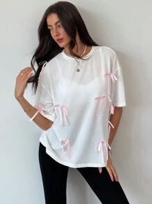 Aloruh Romantic Y2K Style Loose Fit Bow Neck Short Sleeve White T-Shirt For Women